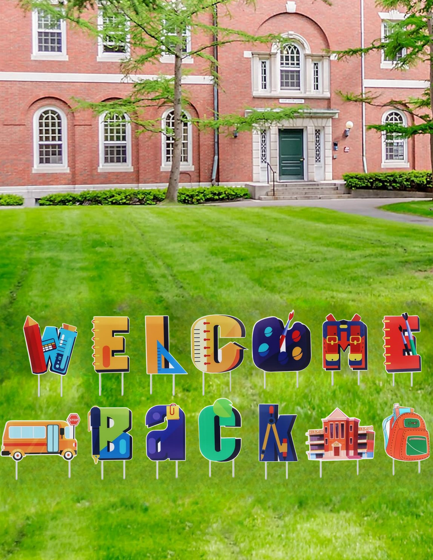 THTEN 14 Pack Welcome Back to School Yard Sign Decorations, Waterproof First Day of School Lawn Sign Cards with 28 Stakes for Greeting Students Kids back to School Party Decoration and Supplies